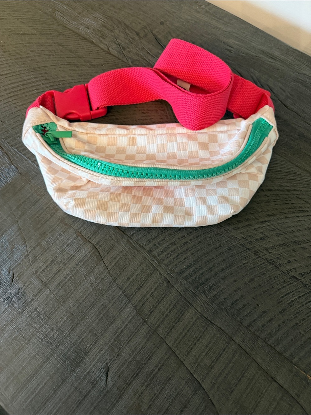 Benefit Checker-Print Belt Bag with Teal Zipper and Hot Pink Strap